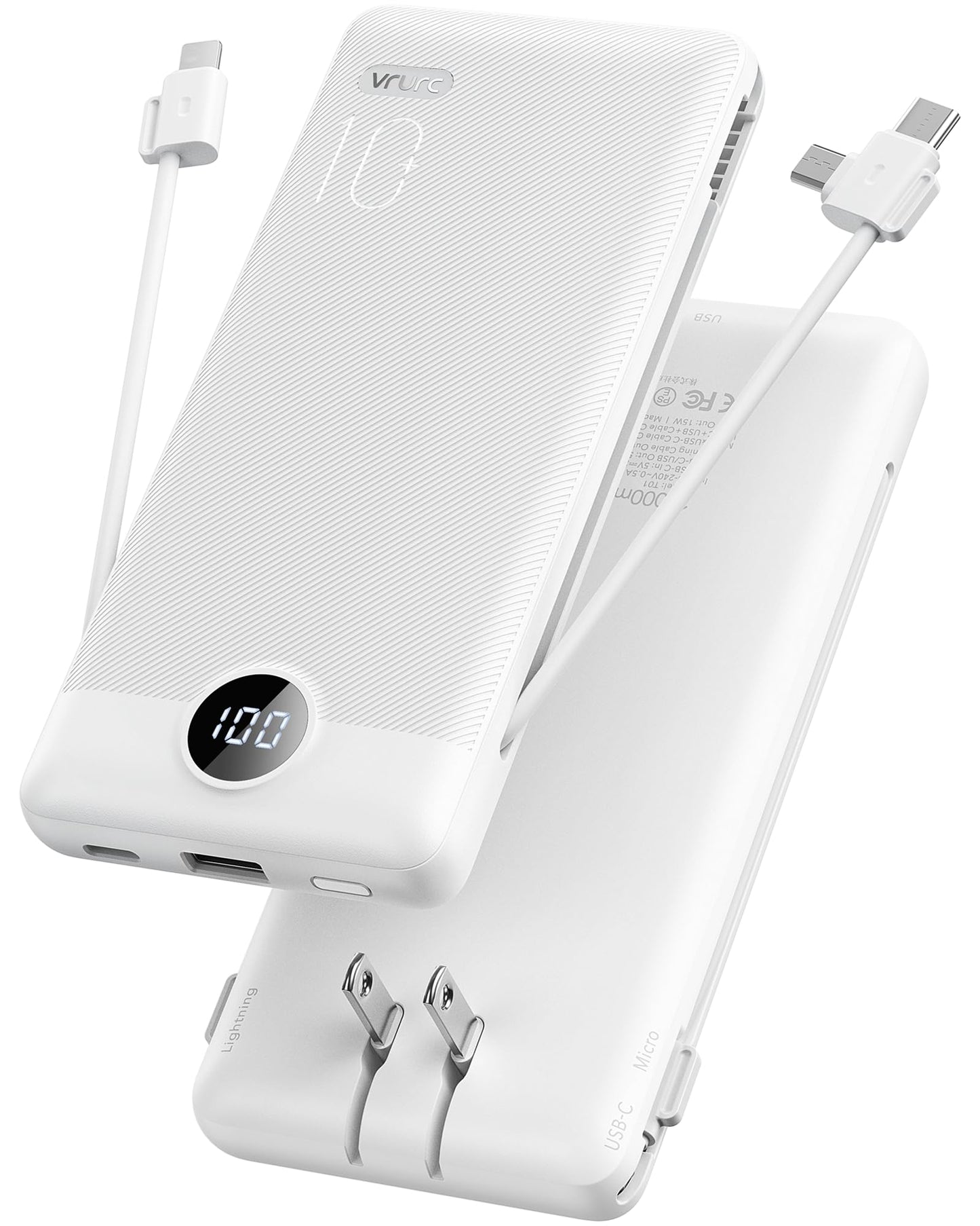 10,000mAh Compact Power Bank with Built-In Cables