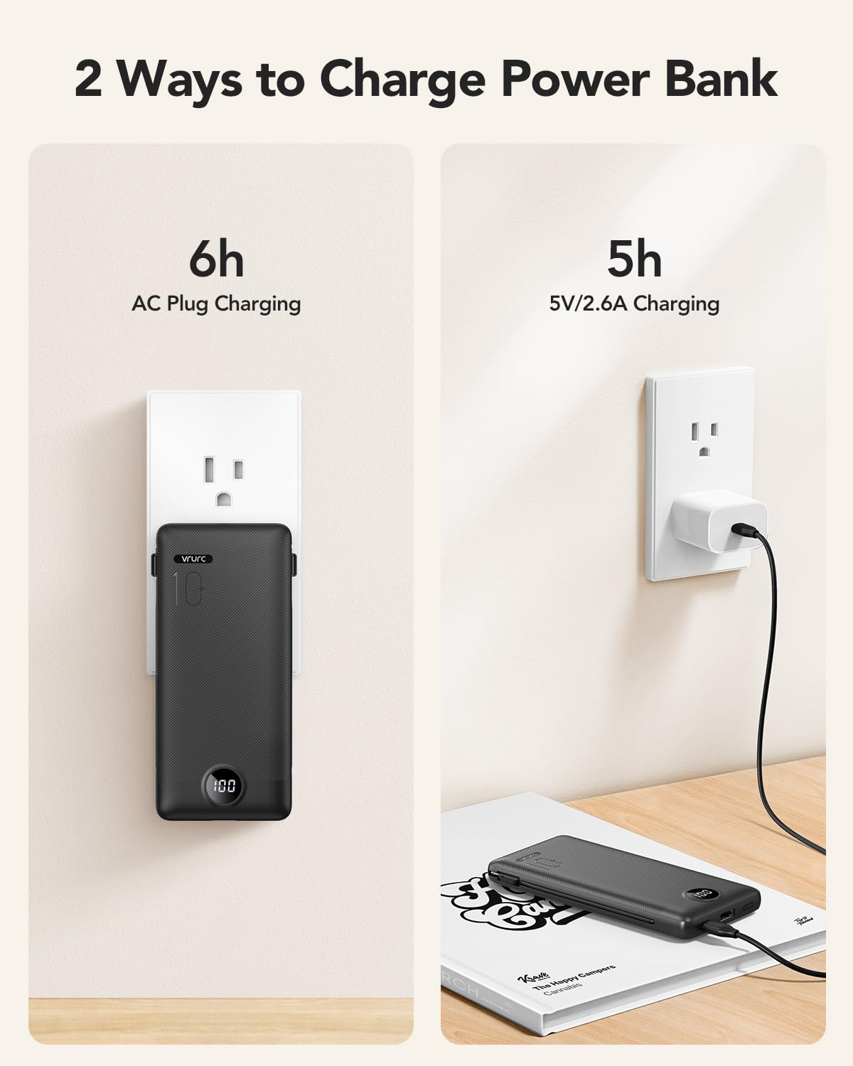 10,000mAh Compact Power Bank with Built-In Cables