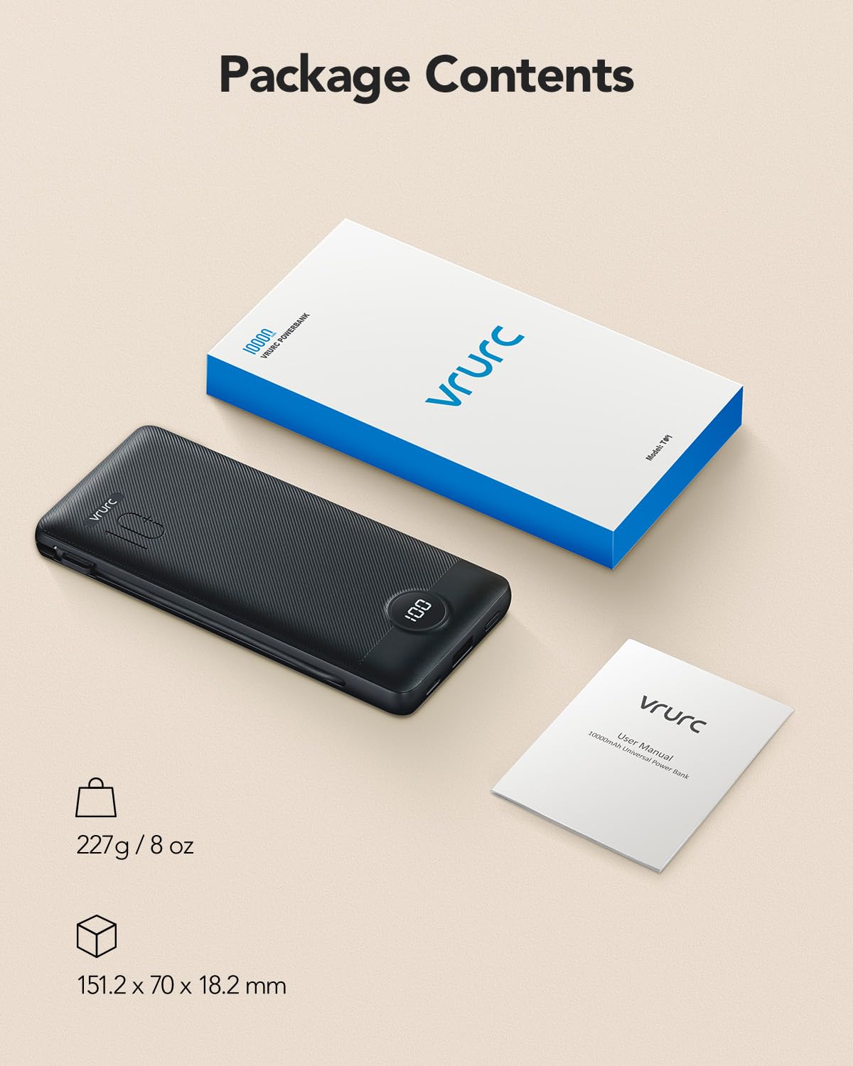 10,000mAh Compact Power Bank with Built-In Cables