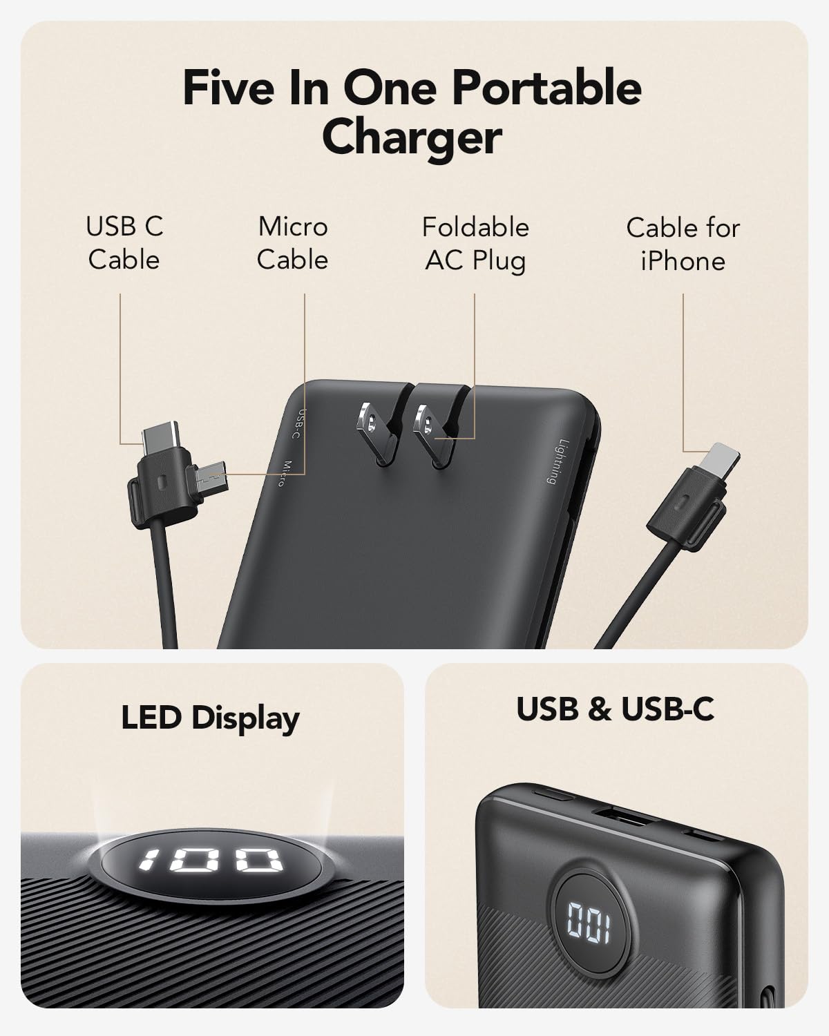 10,000mAh Compact Power Bank with Built-In Cables