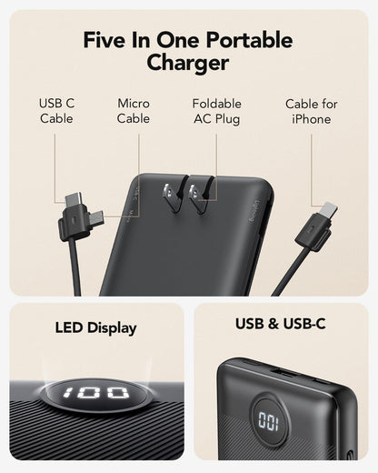 10,000mAh Compact Power Bank with Built-In Cables