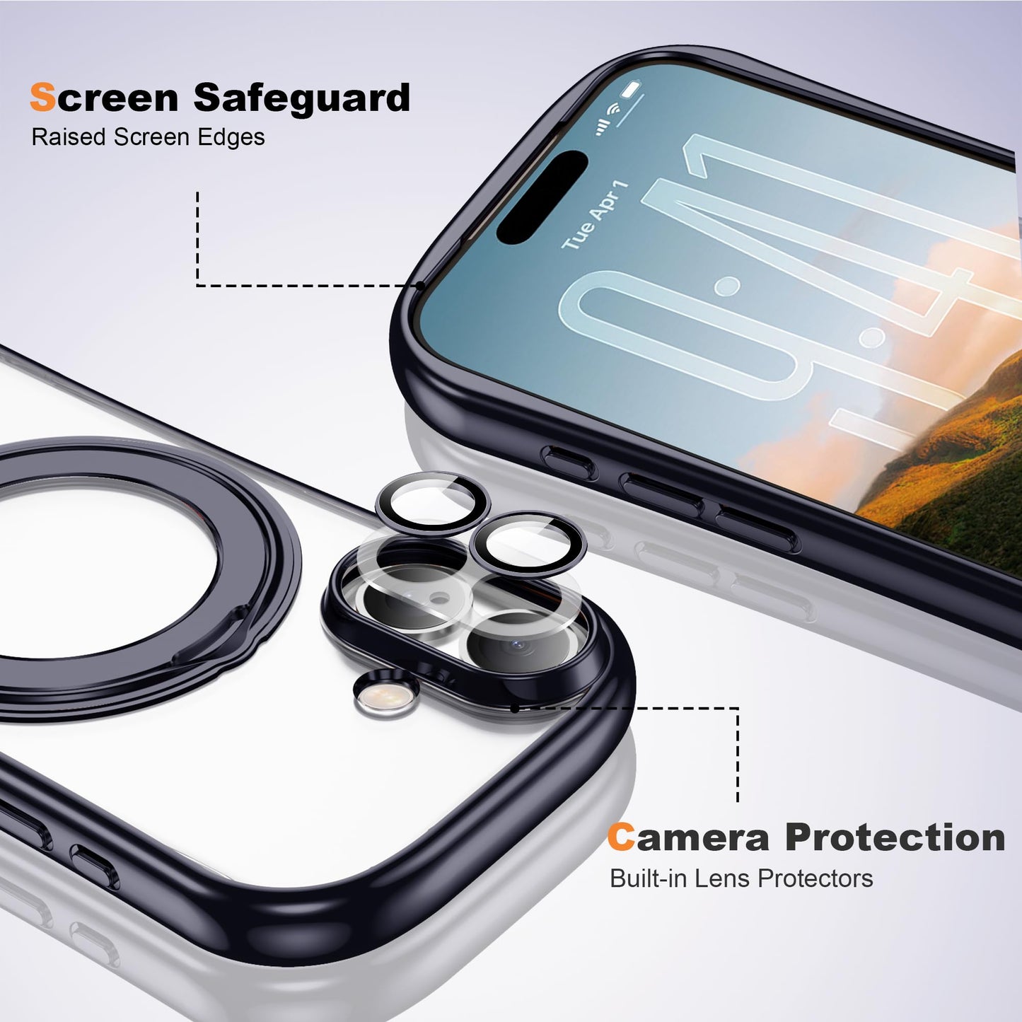 Magnetic Ring Stand Clear Phone Case with Lens Protector