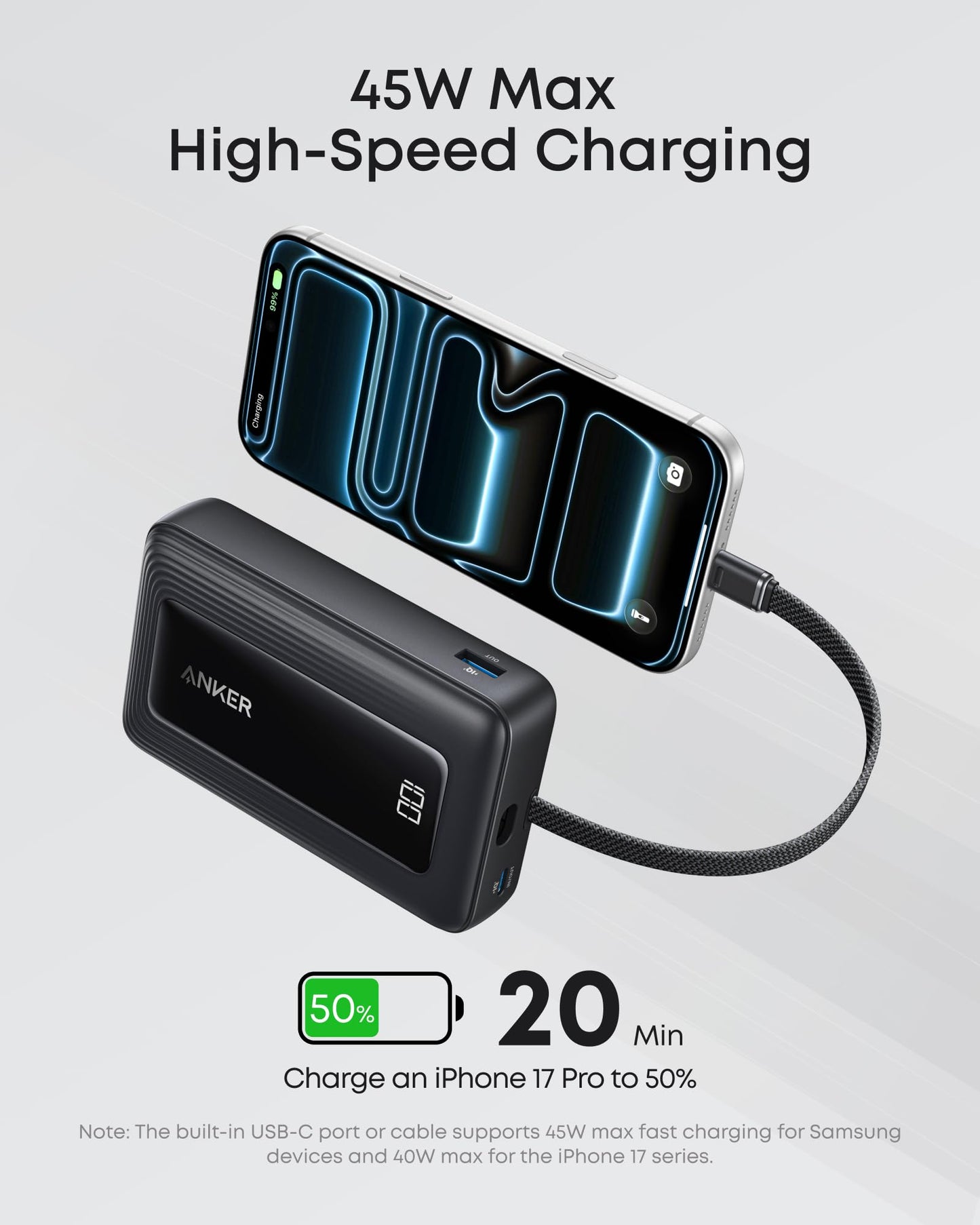 20,000mAh Fast Charging Power Bank with Built-In USB-C Cable