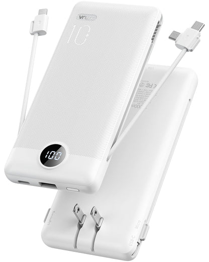 10,000mAh Compact Power Bank with Built-In Cables