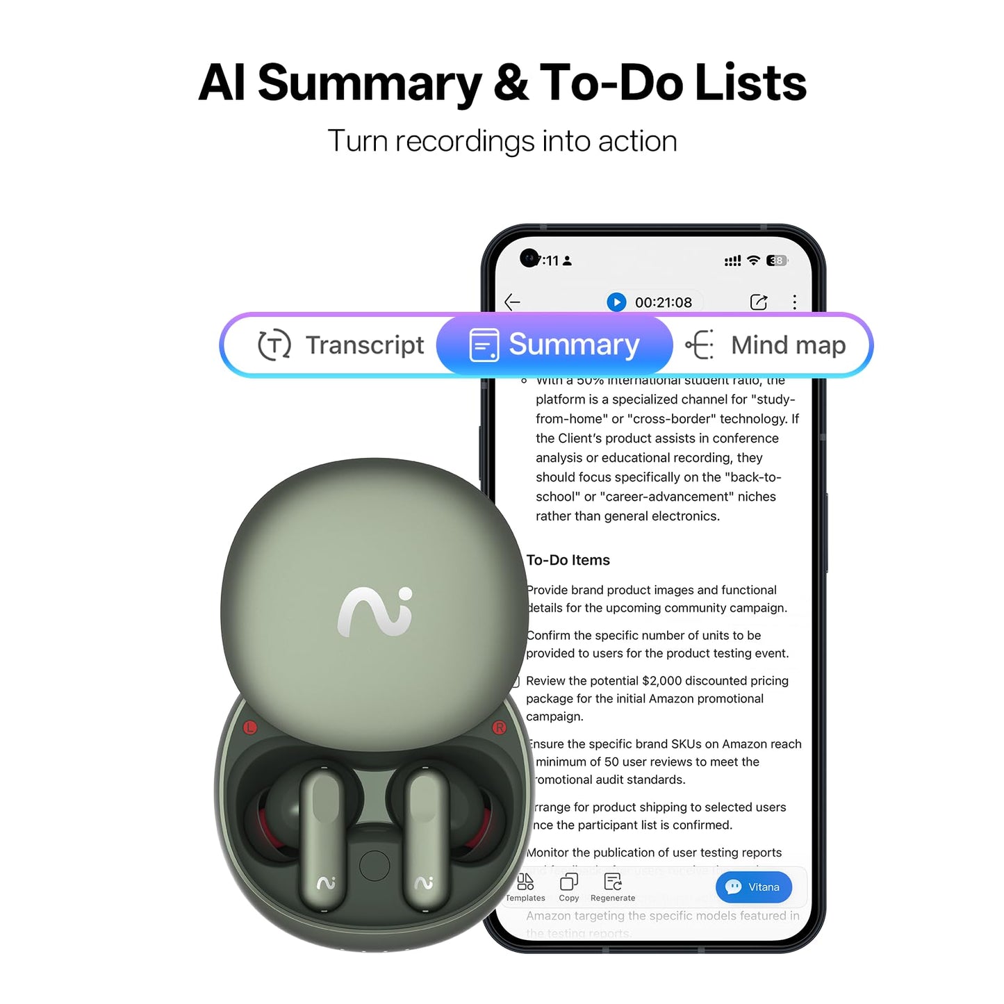 AI Voice Recorder Earbuds with Transcription & ANC