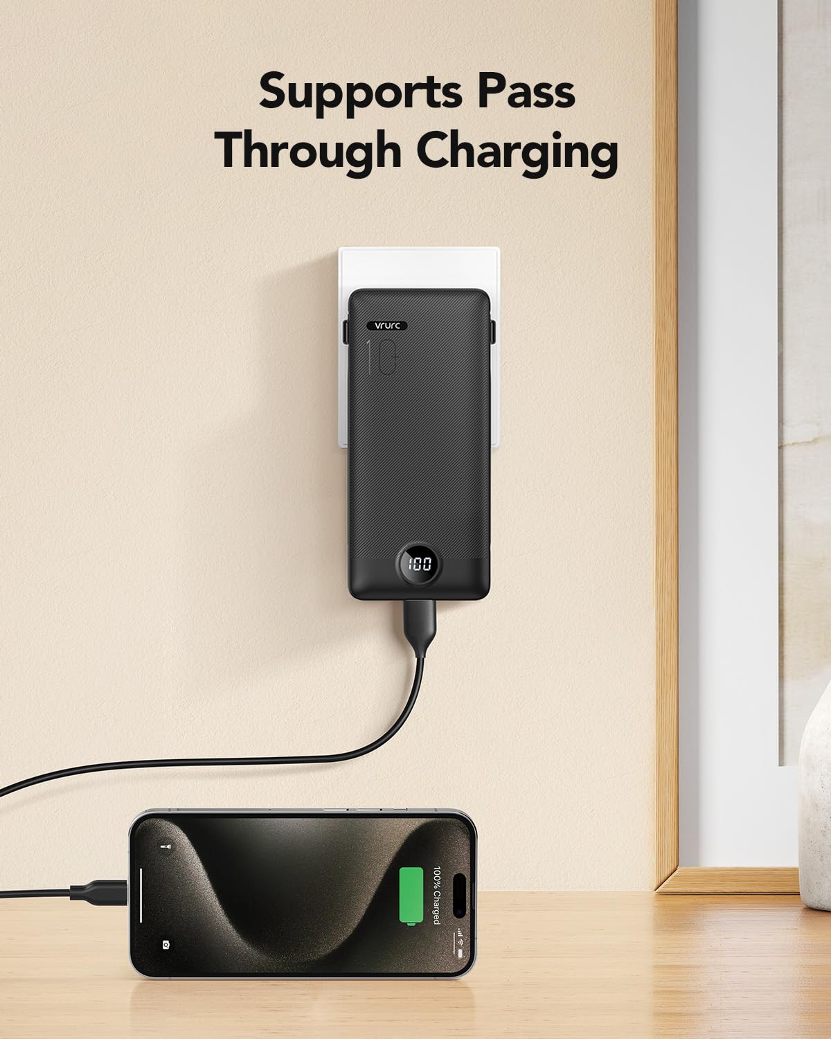 10,000mAh Compact Power Bank with Built-In Cables