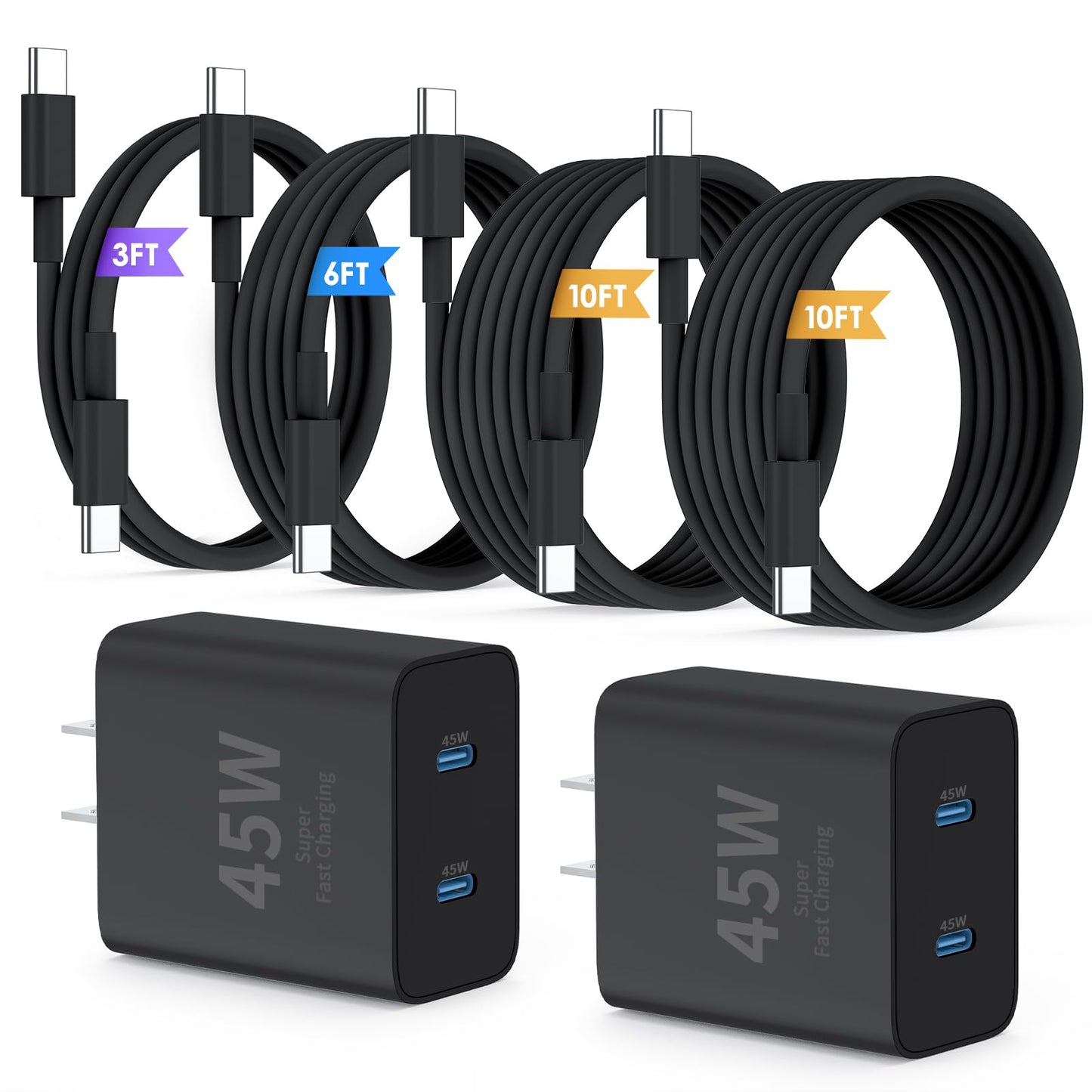 45W Dual USB-C Fast Charger with Charging Cables