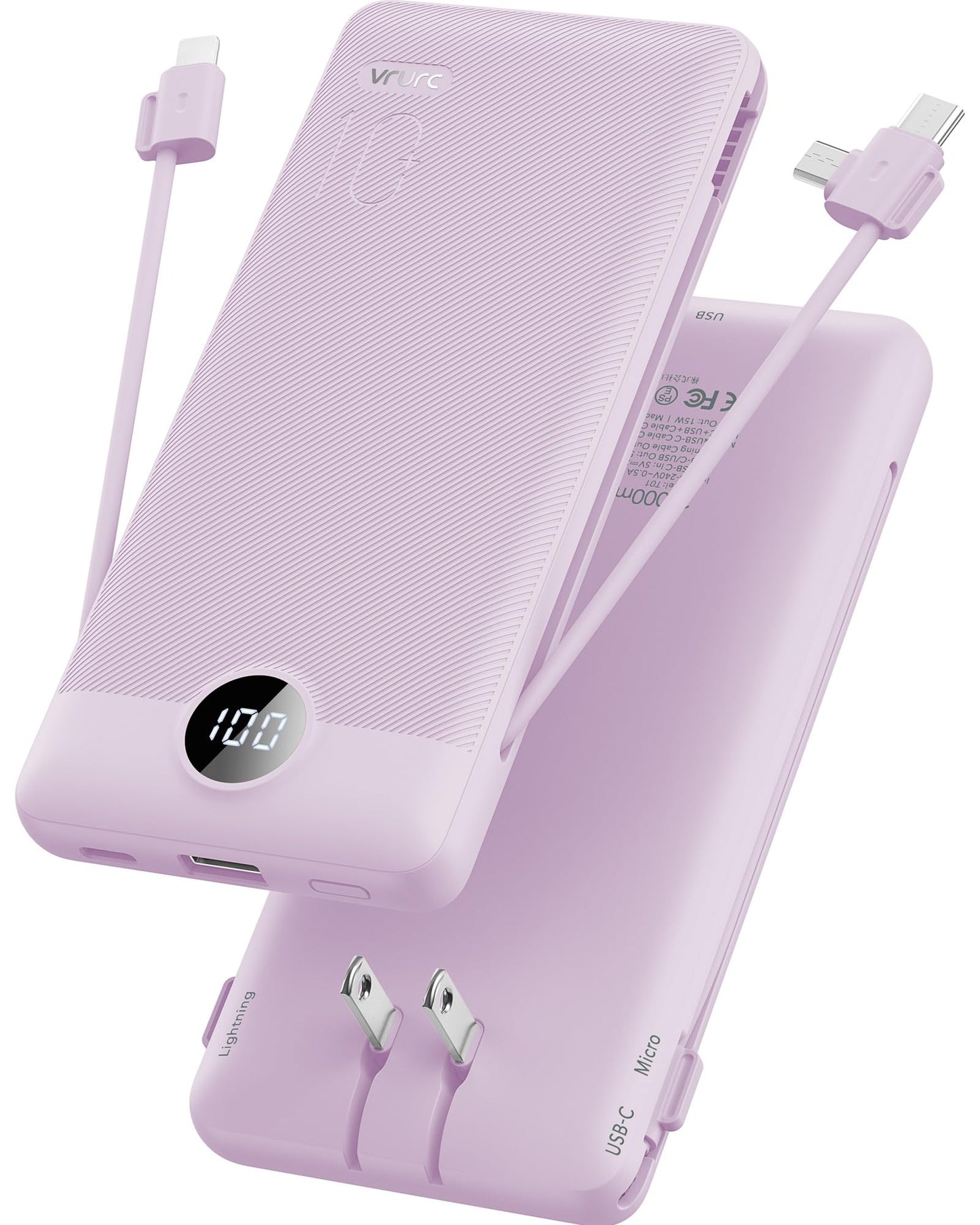 10,000mAh Compact Power Bank with Built-In Cables