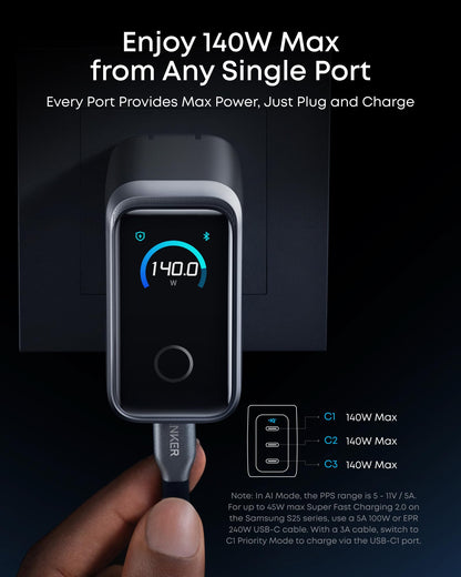 160W 3-Port USB-C GaN Fast Charger with Smart Display