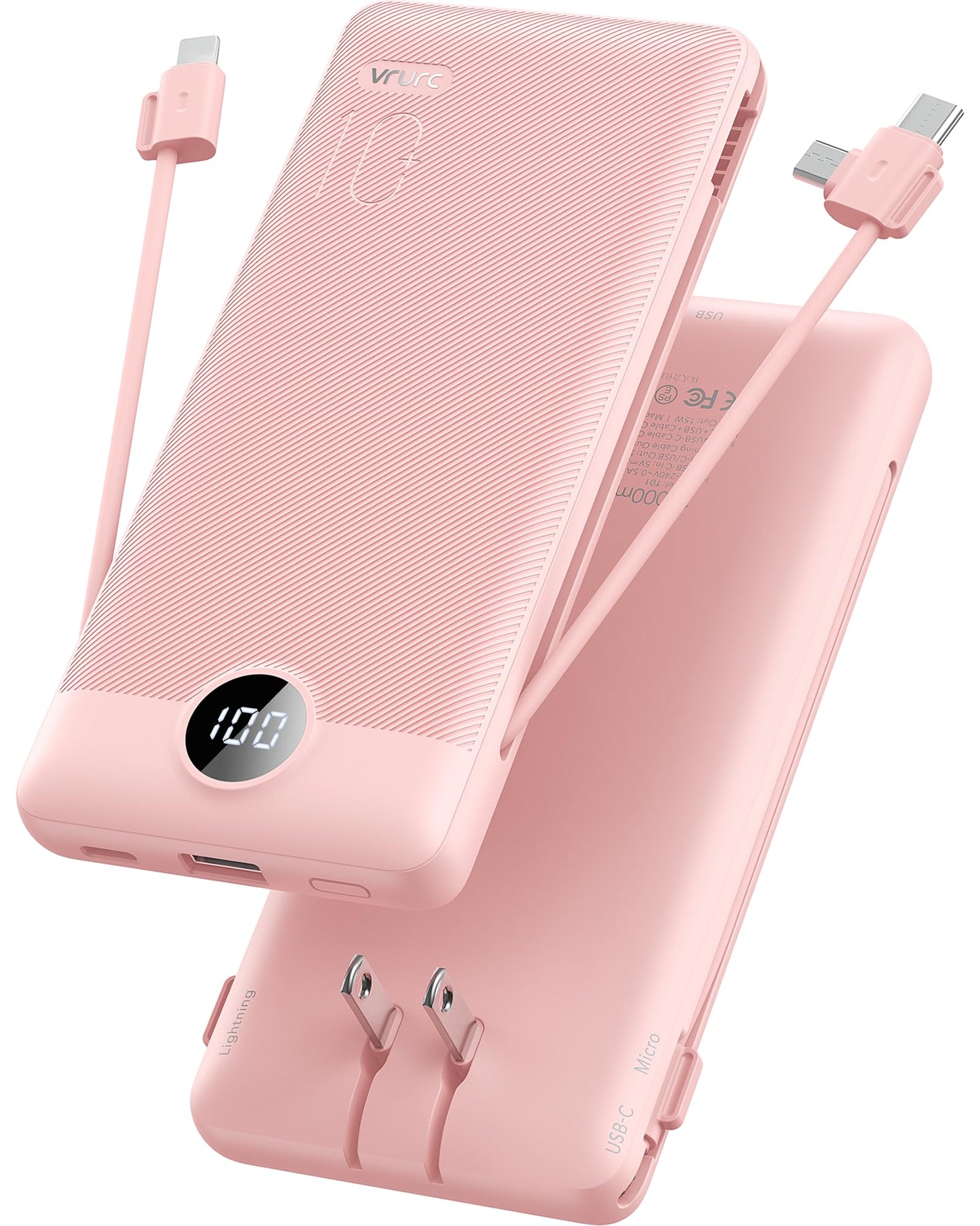 10,000mAh Compact Power Bank with Built-In Cables
