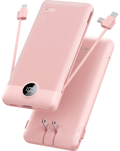 10,000mAh Compact Power Bank with Built-In Cables