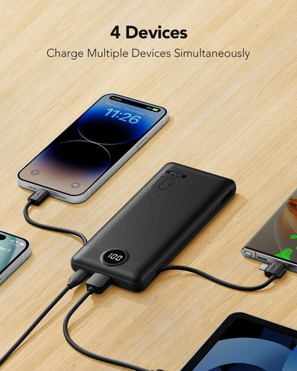10,000mAh Compact Power Bank with Built-In Cables