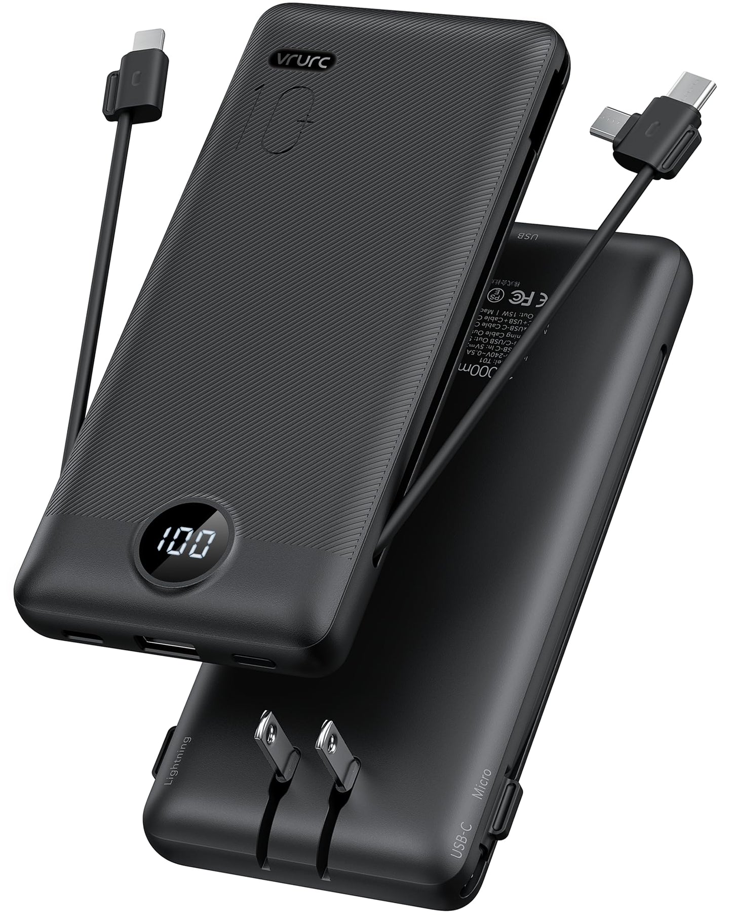 10,000mAh Compact Power Bank with Built-In Cables