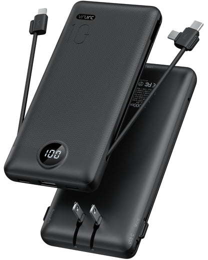 10,000mAh Compact Power Bank with Built-In Cables