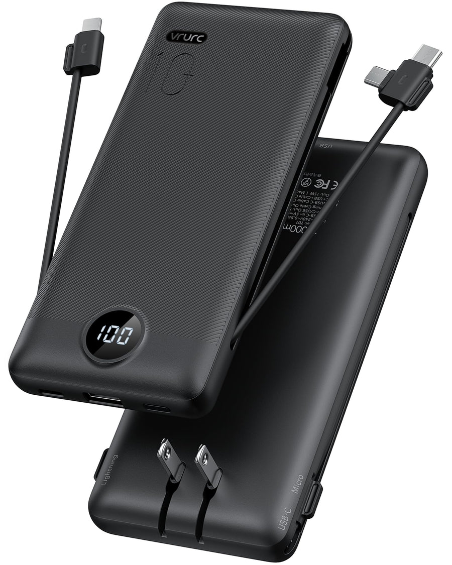 10,000mAh Compact Power Bank with Built-In Cables