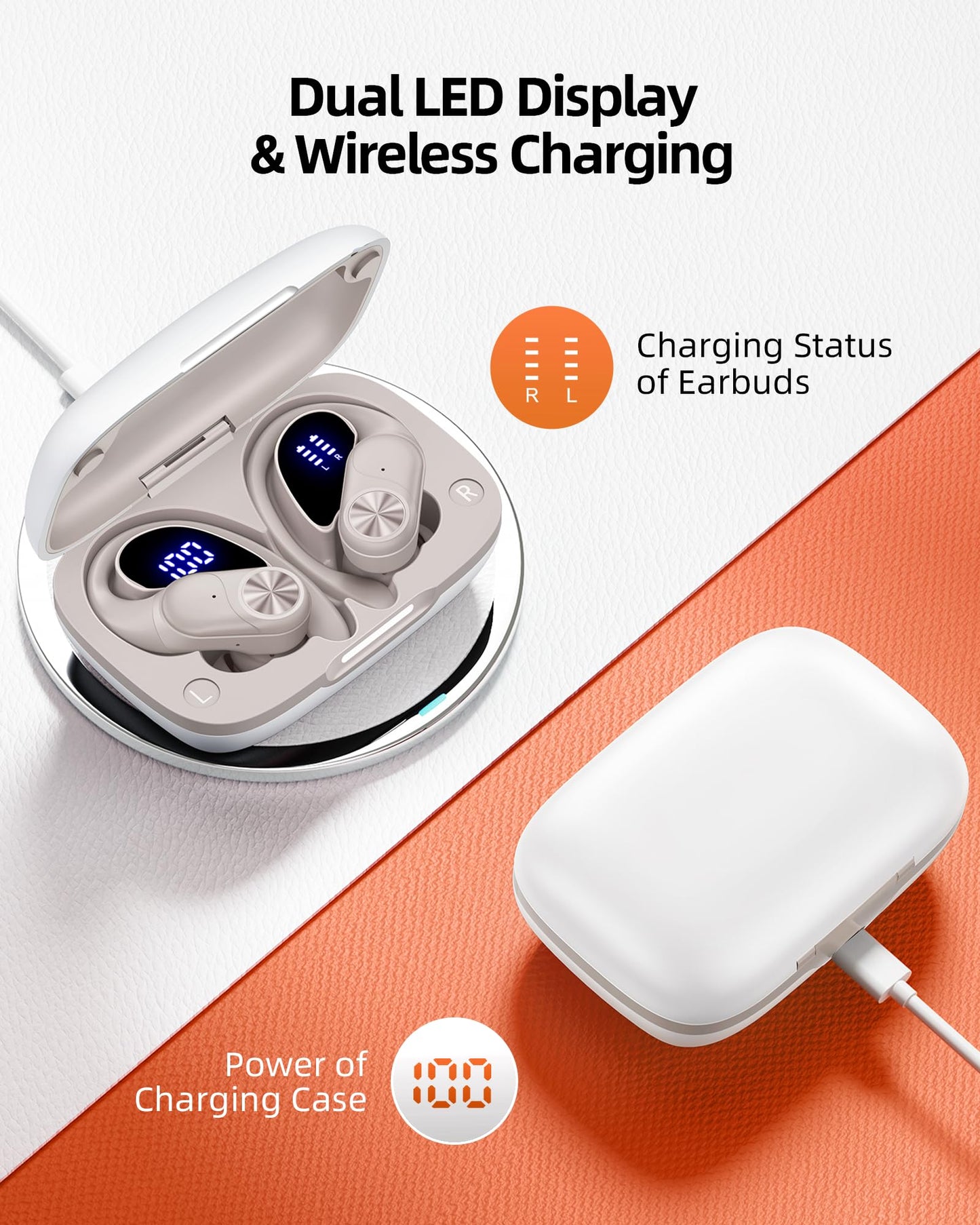 Wireless Earbuds with 80-Hour Playtime and Ear Hooks