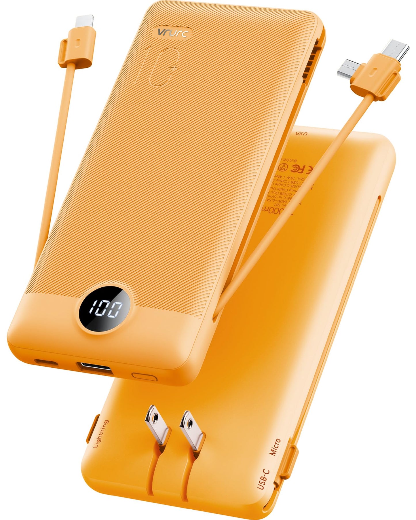 10,000mAh Compact Power Bank with Built-In Cables