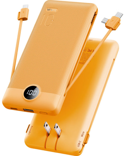 10,000mAh Compact Power Bank with Built-In Cables